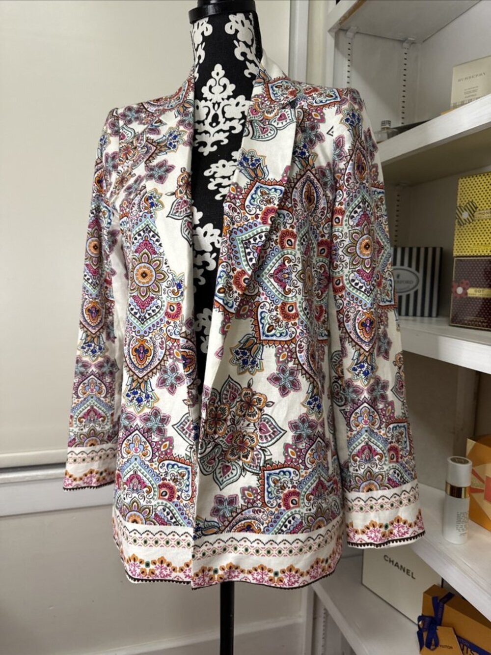 Rachel Zoe Multicolor Open Front Faux Pockets Linen/Rayon Blend Blazer Jacket S